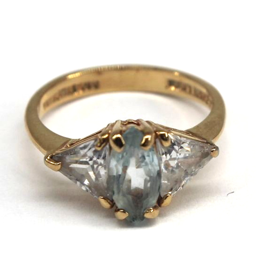 Light Marquis Cut Blue Topaz Ring Triangle Cut Clear CZs • 14K HGE LIND • Size 7